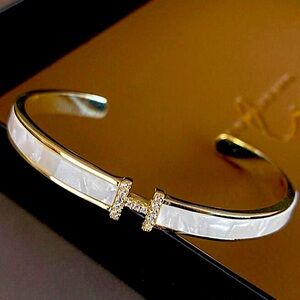 SALE 18k Gold Iridescent Mother of Pearl Inlay Crystal Cuff Bracelet